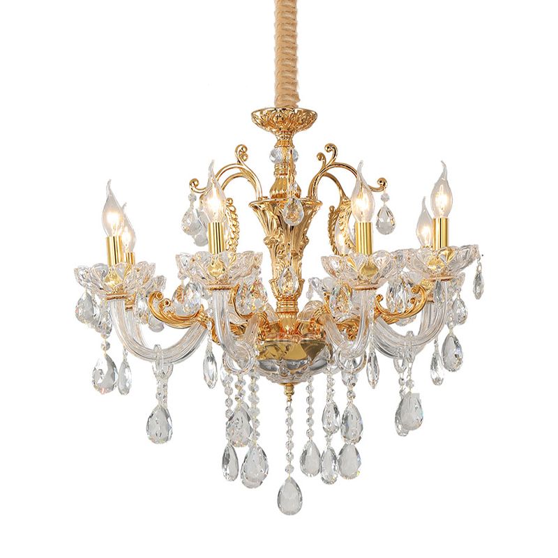 Gold Candelabra Chandelier Light Modernism 8 Heads Metal Pendant Lighting with Dangling Crystal