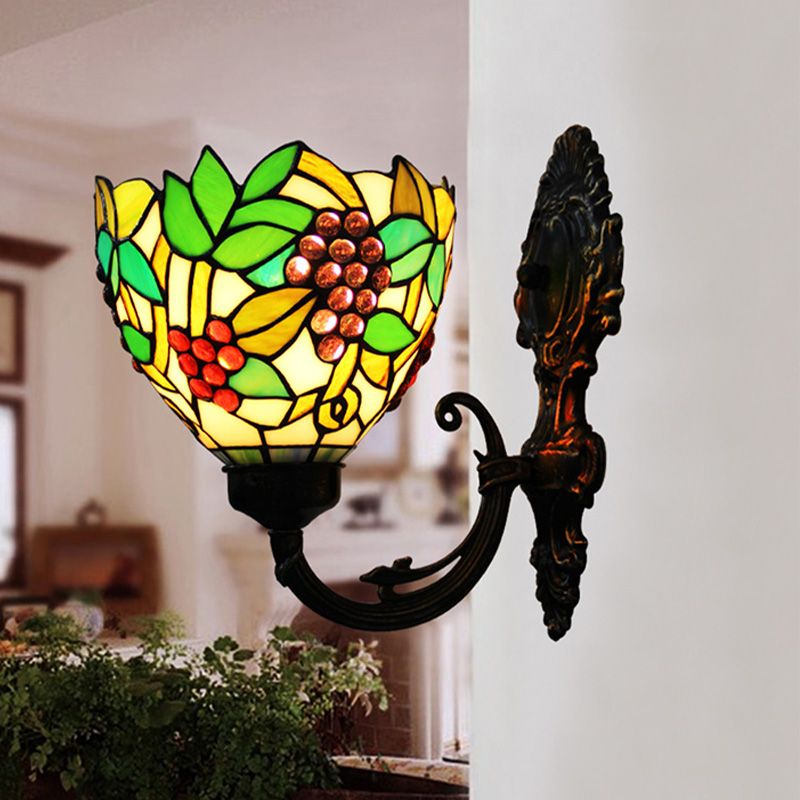 Tiffany Bowl Wall Sconce 1 Head Stained Glass Grape Patterned Wall Mount Lamp in Green and White/Black