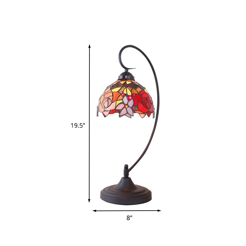 Domed Nightstand Lighting 1 Head Hand Cut Glass Mediterranean Petal Patterned Table Lamp in Black for Bedside