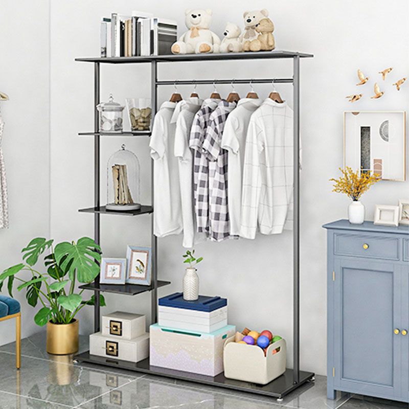 Modern Entryway Kit Hanging Rail and 3 Side Storage Shelves Coat Hanger