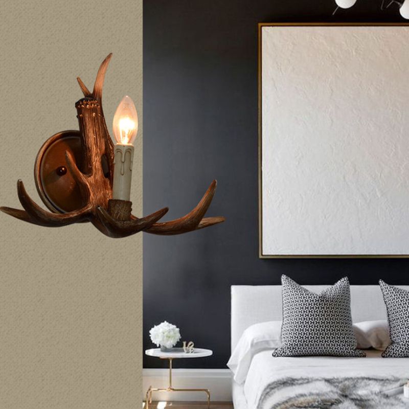 Resin Candle Wall Sconce with Antlers Deco 1 Head Rustic Wall Light in Brown for Cottage