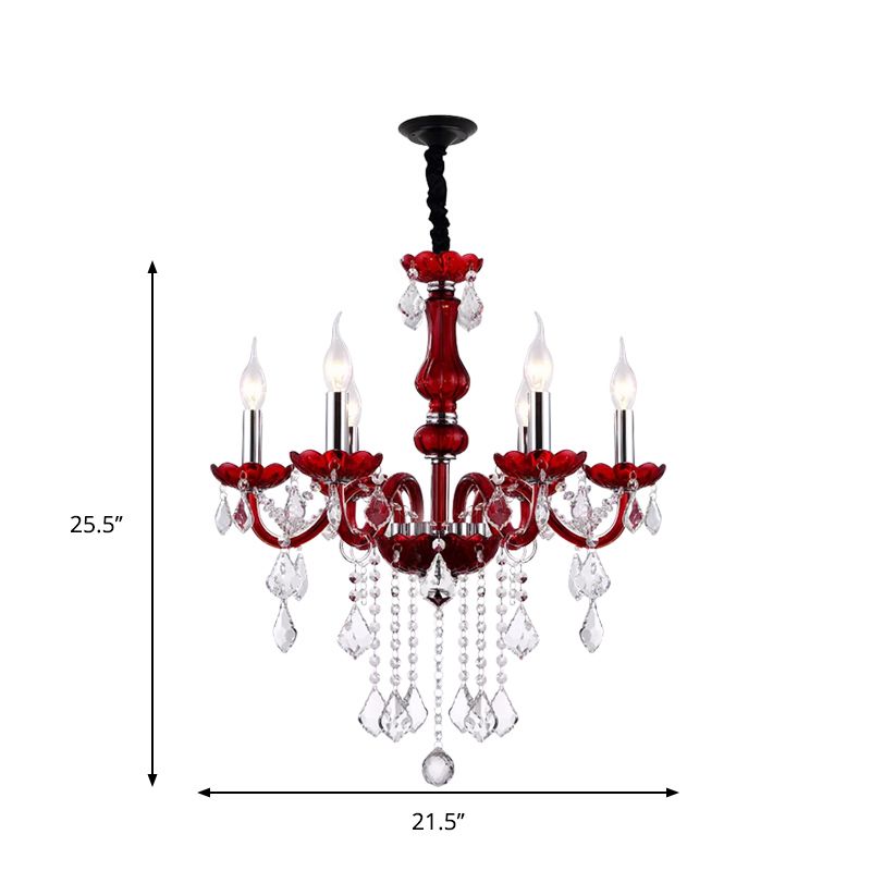 Red Candlestick Hanging Pendant Antique Faceted Crystal 6 Heads Living Room Chandelier