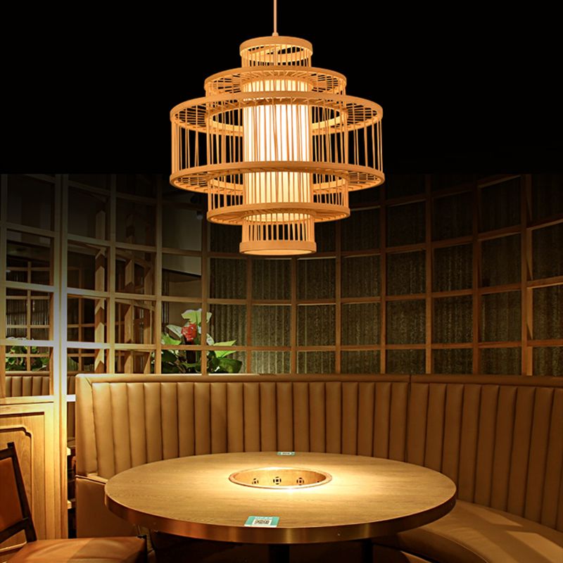 Beige Bamboo Hanging Light Fixture Asian 1-Light Suspension Pendant Light for Restaurant