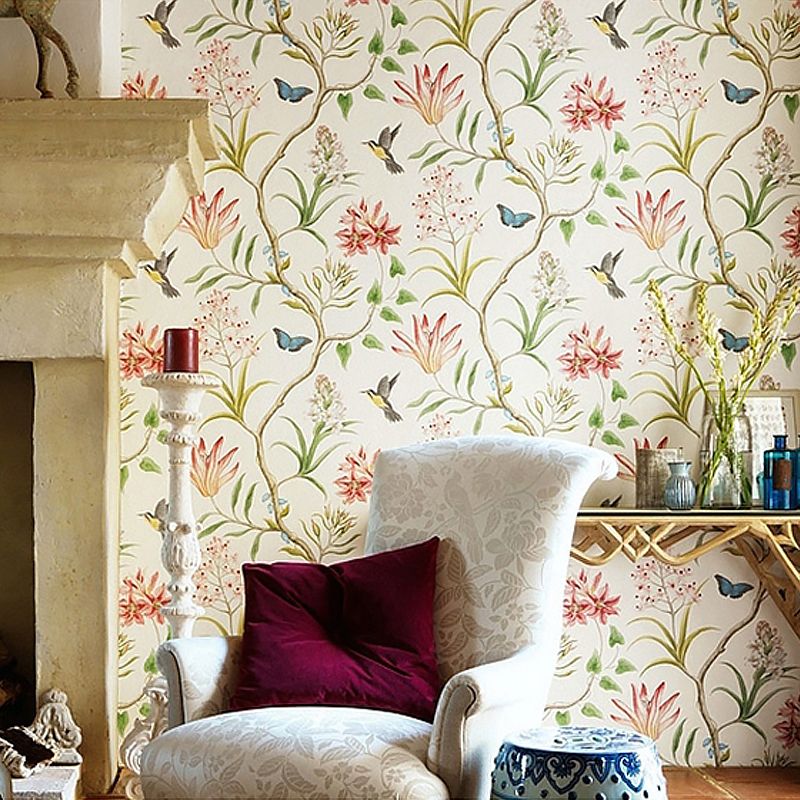 Adhesive Flower and Bird Wallpaper Non-Woven Rustic Wall Covering for Accent Wall, Removable