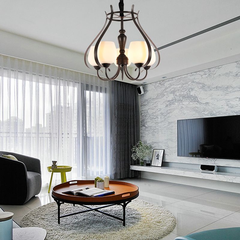 5 Bulbs Dining Room Chandelier Lamp Contemporary Black Finish Suspension Lighting with Opal Glass Bowl Shade