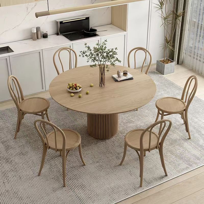 Modern Round Dining Table Pine Solid Wood Pedestal Dining Table in Natural