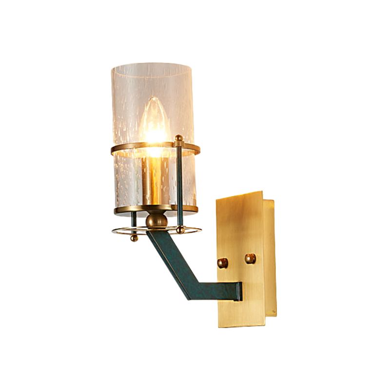 1 Bulb Wall Sconce Lighting Vintage Indoor Wall Mount Lamp Fixture with Cylinder Seeded Glass Shade in Brass