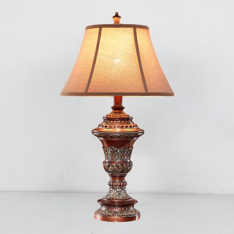 Vintage Style Bell Shade Nightstand Lamp 1 Bulb Fabric Desk Light in Red Brown with Urn-Shaped Base, 25"/29.5" H