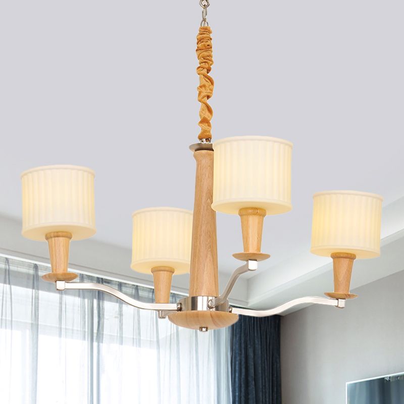 Lustre de plafond radial beige moderniste moderniste en bois suspendu en bois avec tambour en verre crème à tambour