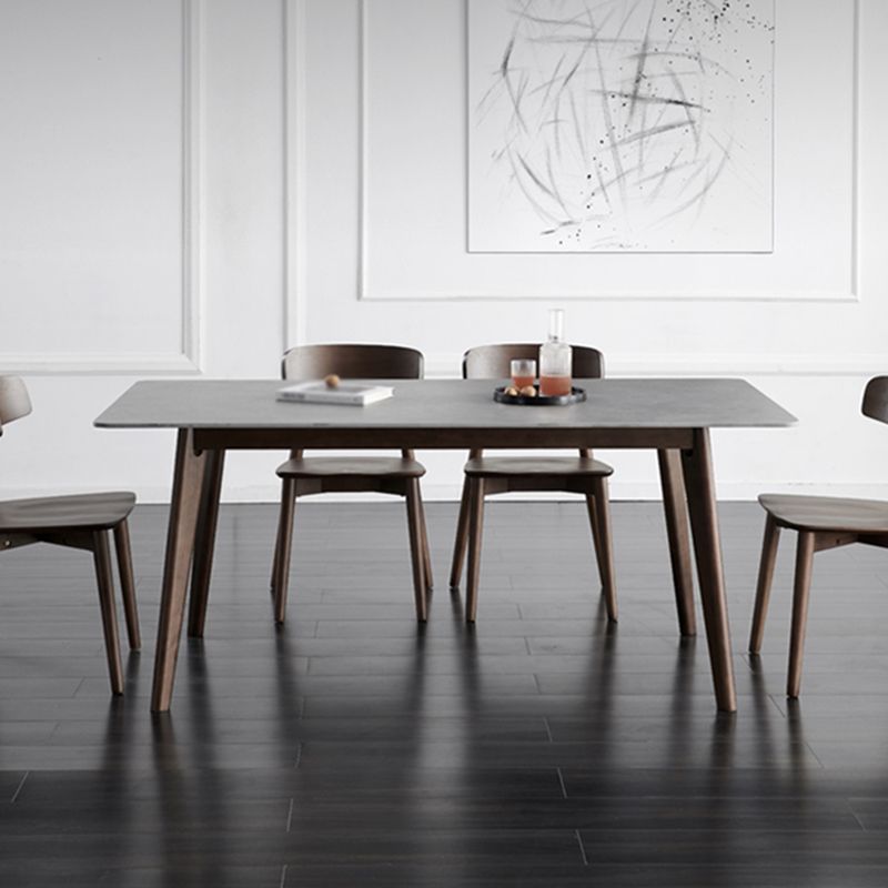 Mid-Century Modern Dining Table Gray Sintered Stone 4 Legs Dining Table with Wooden Base