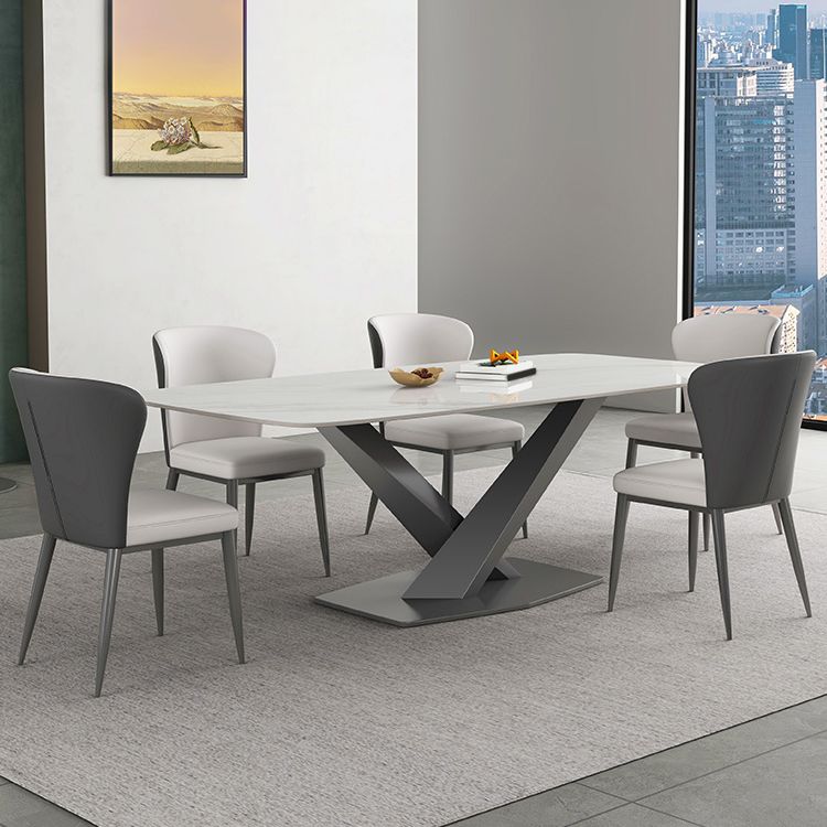 White Stone Top Dining Table Rectangular Tabletop with Metal Pedestal Base