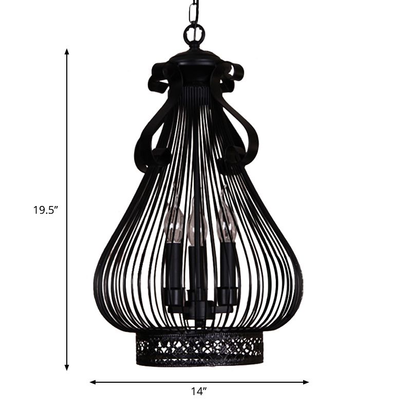 3 Lights Pendant Chandelier Loft Style Gourd-Like Metal Candle Hanging Lamp Kit in Black