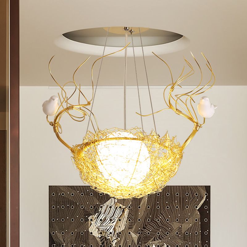 Egg Shaped Hanging Ceiling Pendant Art Deco Milk White Glass 1 Light Gold Chandelier with White Birds and Aluminum Bird Nest
