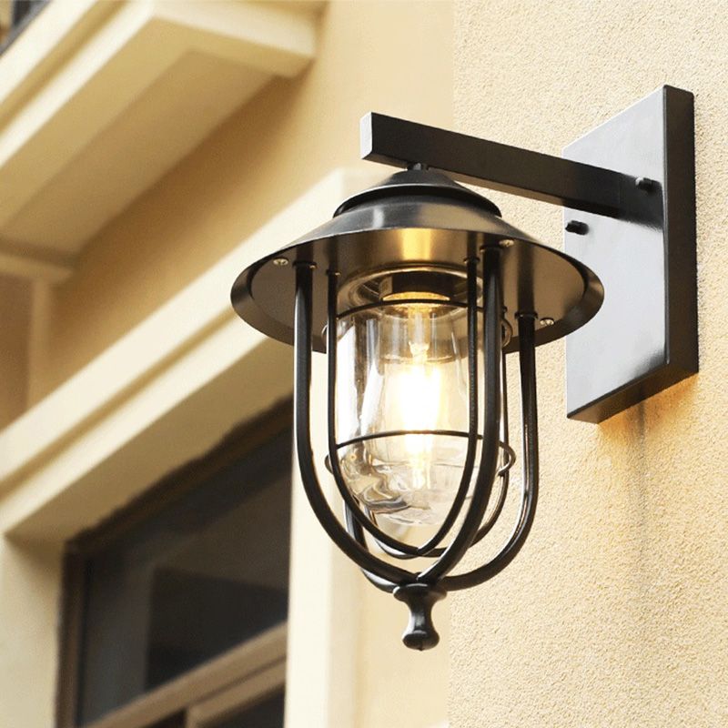 Glass Black Wall Sconce Lighting Caged Industrial Wall Lighting Fixture for Outdoor
