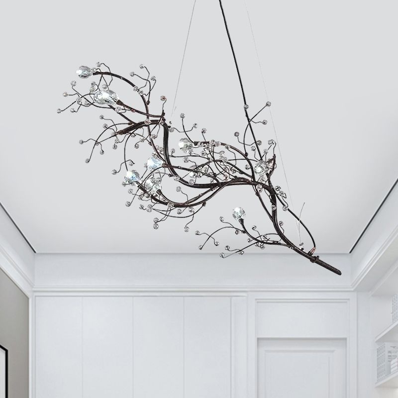 Lampadario a ramo sottile metallico con tallone di cristallo 10 luci a sospensione romantica per boutique