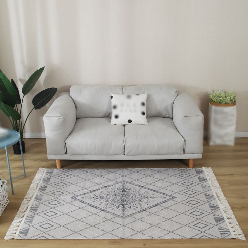 Grey Geometric Pattern Area Rug Polyester Area Carpet Fringe Easy Care Rug for Living Room