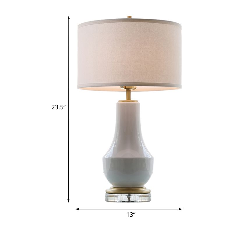 White Drum Table Light Modernist 1 Bulb Fabric Night Lighting with Vase Ceramic Base