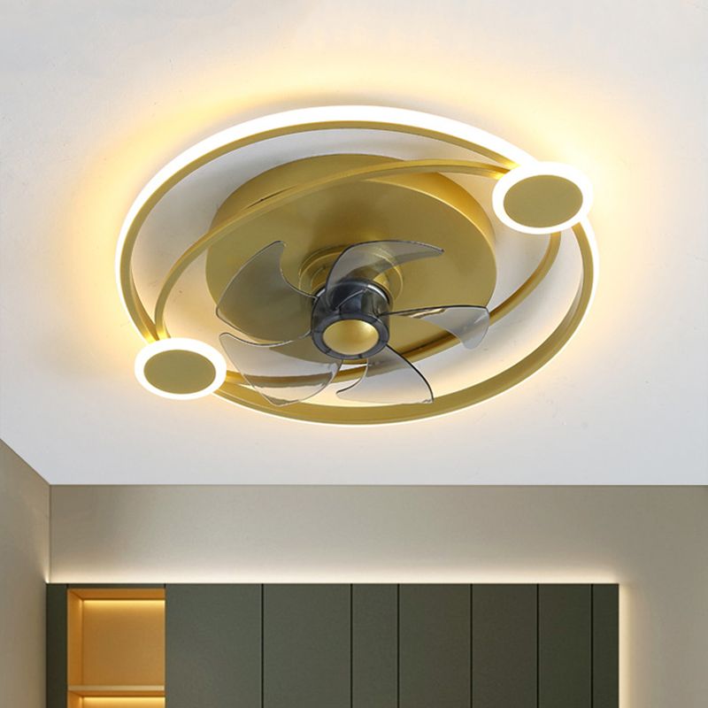 19.5" Width Hoop 5 Blades Semi Flush Light Modernist Metallic LED Hanging Fan Light in Gold