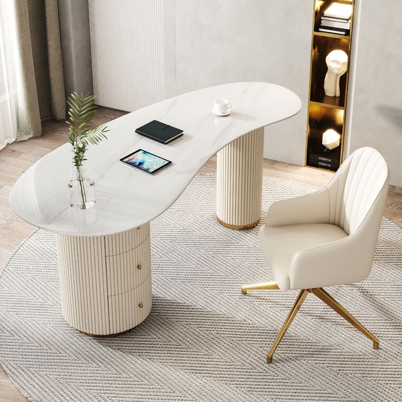 Modern & Contemporary White Desk Sintered Stone Bedroom with 3-Drawer Writing Desk