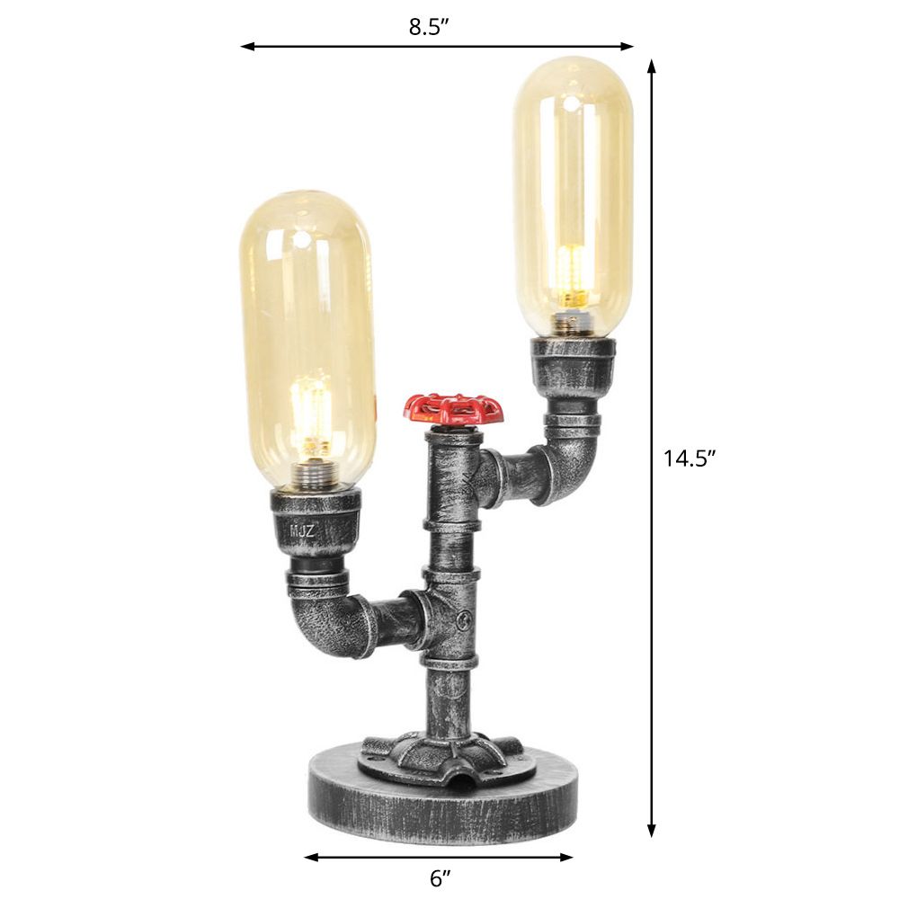 Lámpara de escritorio industrial de 2 luces con pantalla de cápsula de luz de mesa plateada antigua de vidrio transparente/ámbar para sala de estar