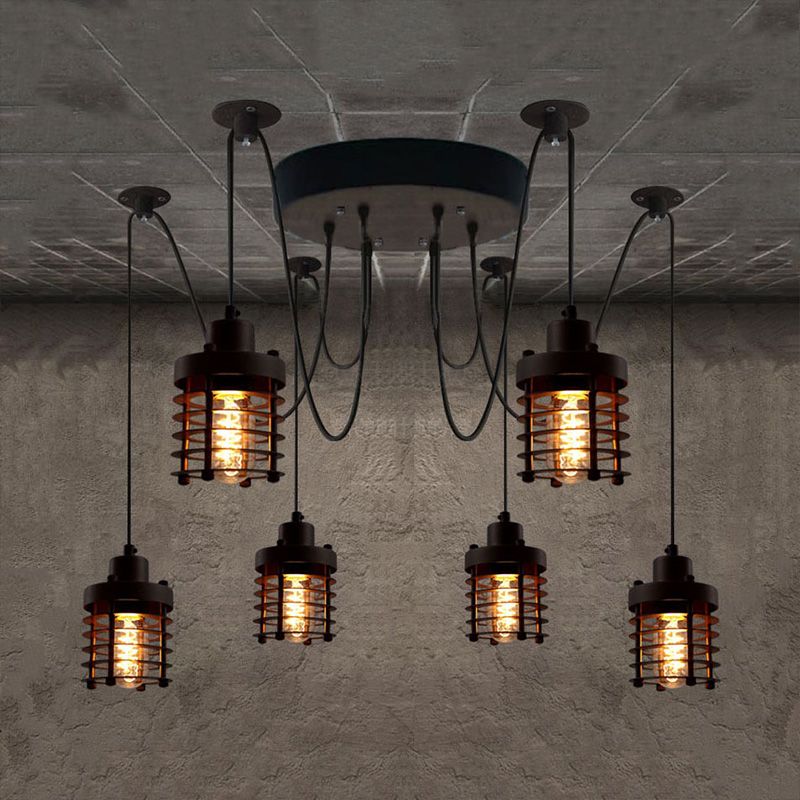 6 Leichte Eisendecke Beleuchtung Bauernhausstil Schwarz Zylinder Käfig Schatten Schlafzimmer Hängende Leuchte mit Spinnendesign