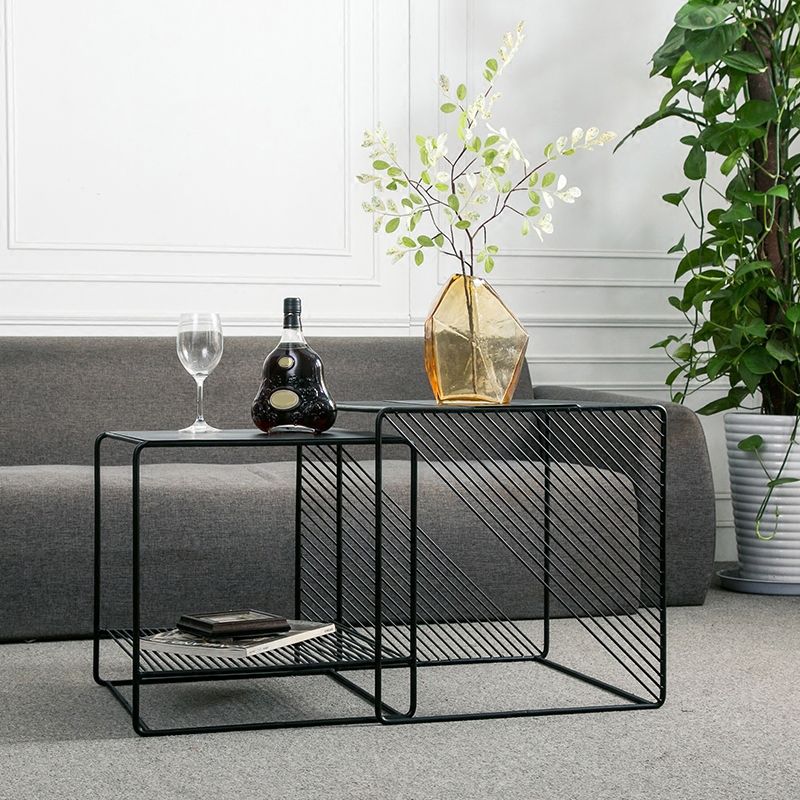 Square 2 Nesting Coffee Table with Shelf Mid Century Iron Frame Coffee Table Set