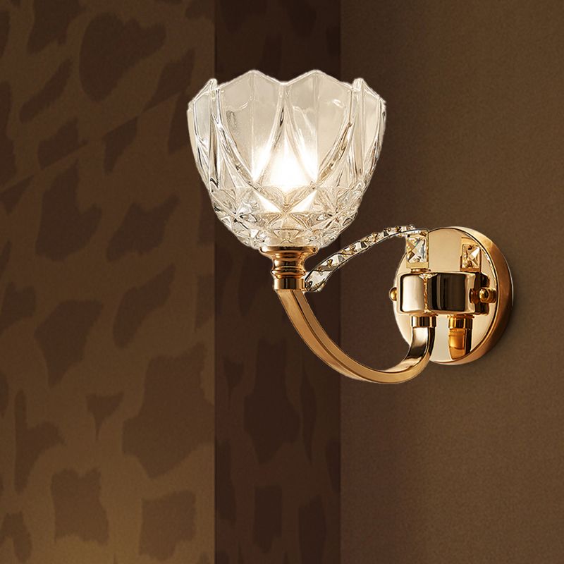 Flower Sconce Light Postmodern Clear Glass 1/2 Heads Gold Wall Mount Light with Crystal Accent