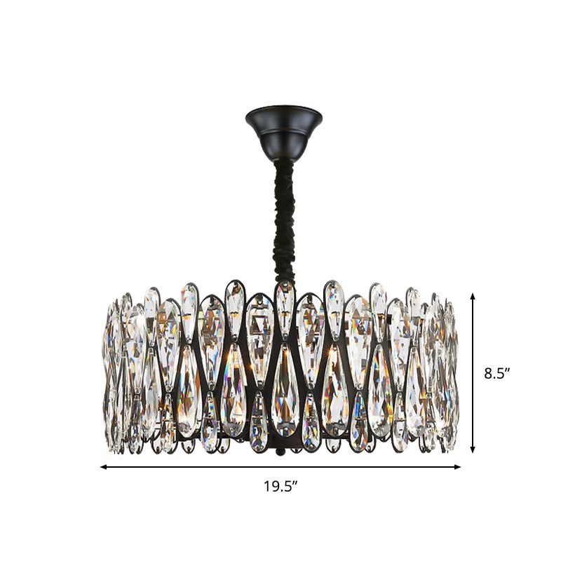 Black Drum Shaped Pendant Light Modern Crystal Teardrop 6-Bulb Dining Room Chandelier