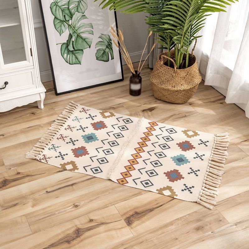 Bohemian Multi-Color Rug Americana Print Area Carpet Fringe Cotton Blend Rug for Home Decor