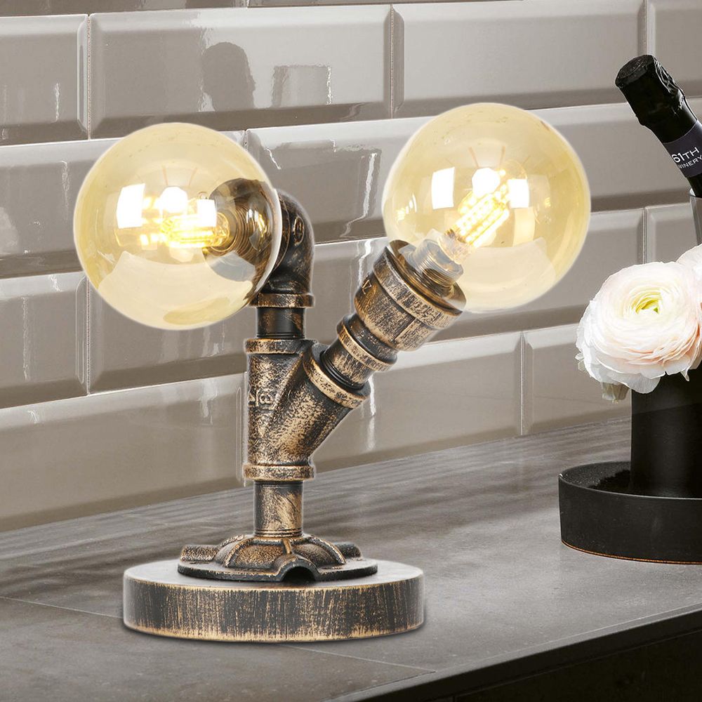 Tarea de sombra redonda de vidrio transparente/ámbar iluminación vintage estilo 2 luces lámpara de escritorio de cafetería en plata antigua/bronce