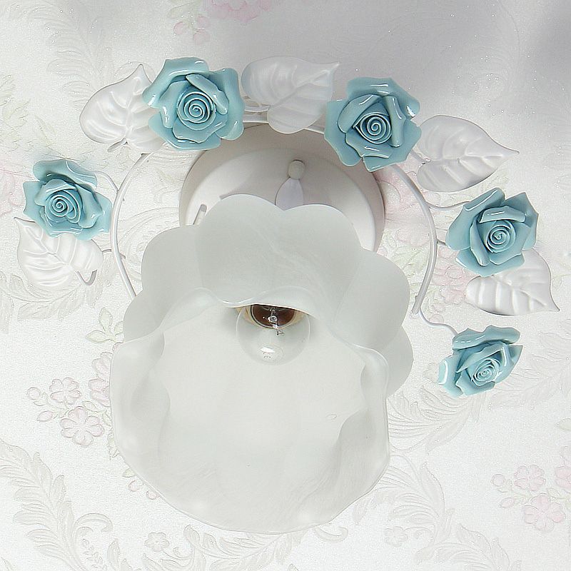 Ruffle Frosted White Glass Semi Flush Mounted Light Pastoral Style 1-Light Dining Room Ceiling Lighting in Pink/White/Blue