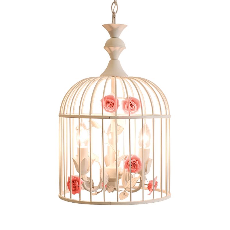 3 Lights Chandelier Light Rustic Birdcage Metal Hanging Ceiling Light with Blue/Pink Flower Decoration