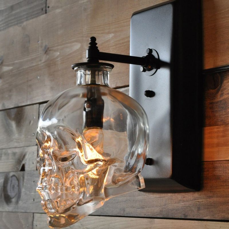 Black Skull Wall Mount Light Artistic Single-Bulb Clear Glass Wall Light Fixture for Corridor