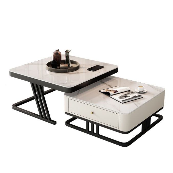 Square Slate Frame Cocktail Table with Drawers 2 Nesting Coffee Table Set