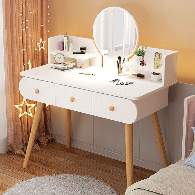Contemporary White Vanity Dressing Table with Mirror in Solid Wood