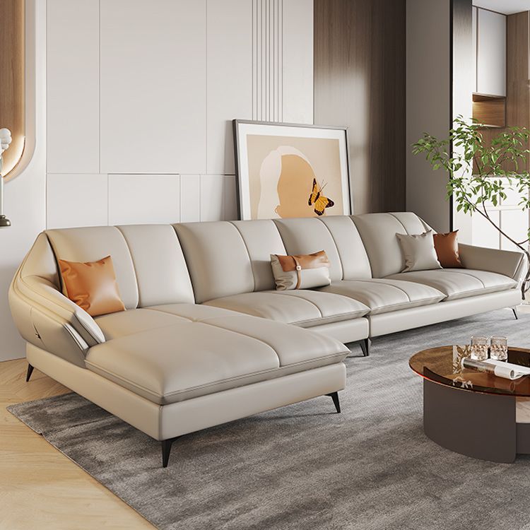 Contemporary Sectional Sofa Beige Leather Sectional with Pillows