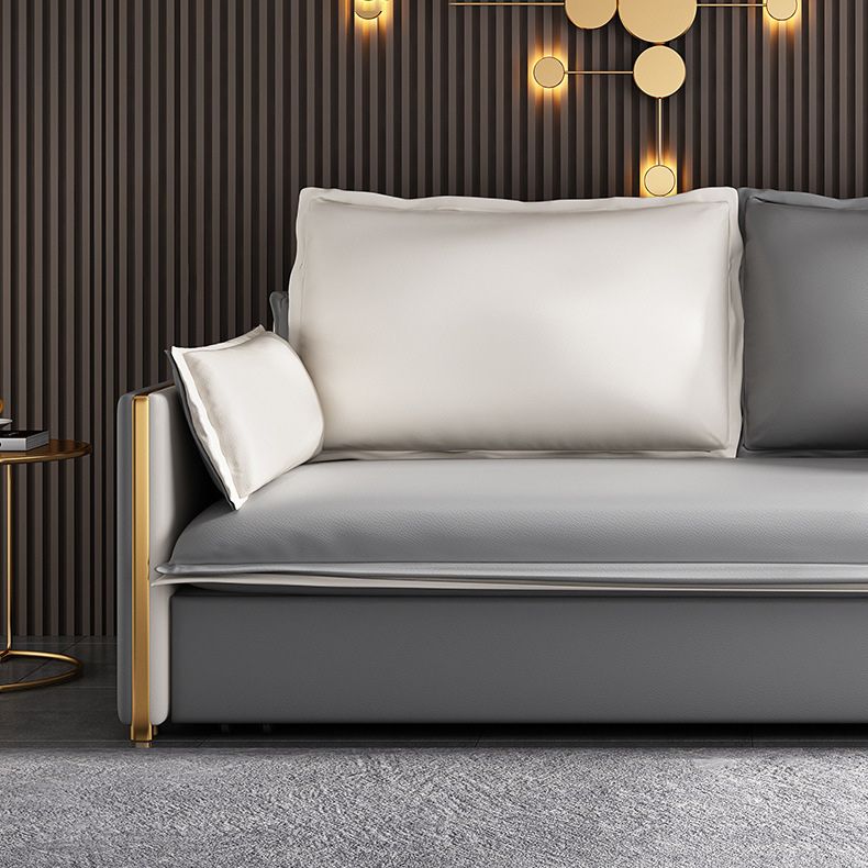Modern Square Arm Sofa Bed Gray Faux Leather Sofa with Storage
