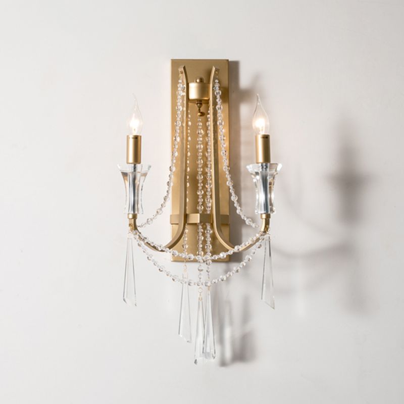 2 Bulbs Wall Mount Light Traditional Draping Crystal Bead Wall Light Fixture with Curved Arm