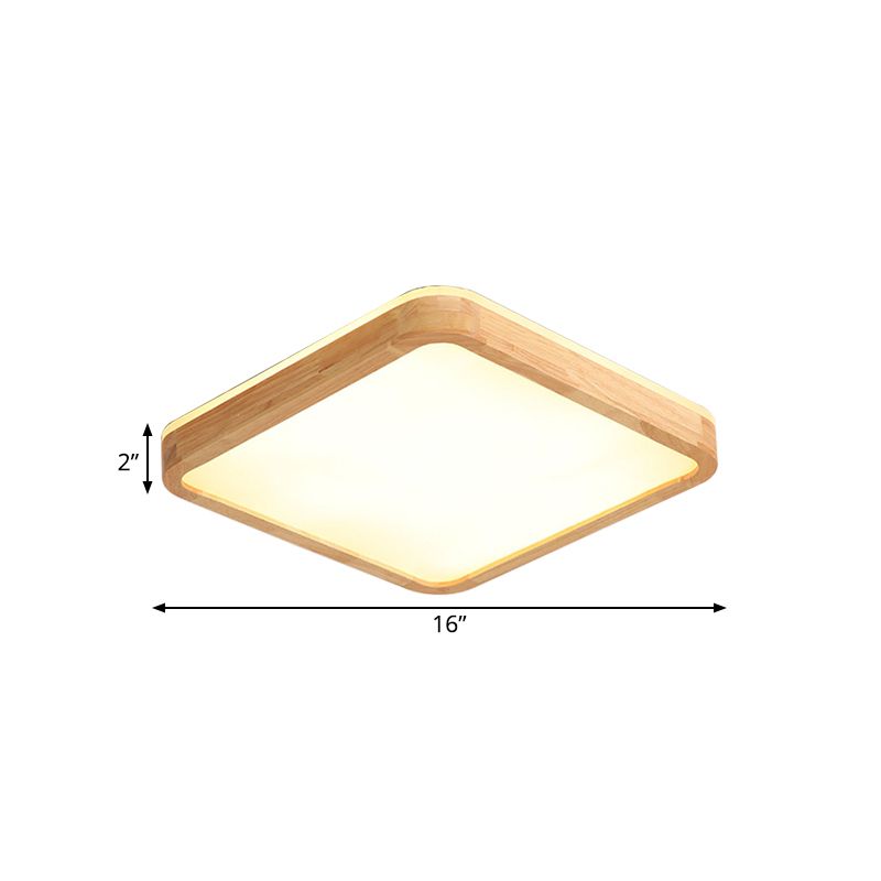 Round Corner Wood Flush Light Fixture Nordic Beige LED Surface Mount Ceiling Lamp with Acrylic Diffuser, 16/19.5 Inch Wide