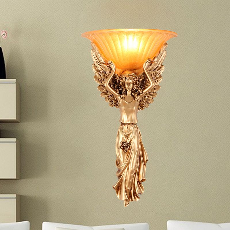 1 Light Wall Lamp Vintage Flared Ribbed Glass Sconce Light with Gold/White Angel Base