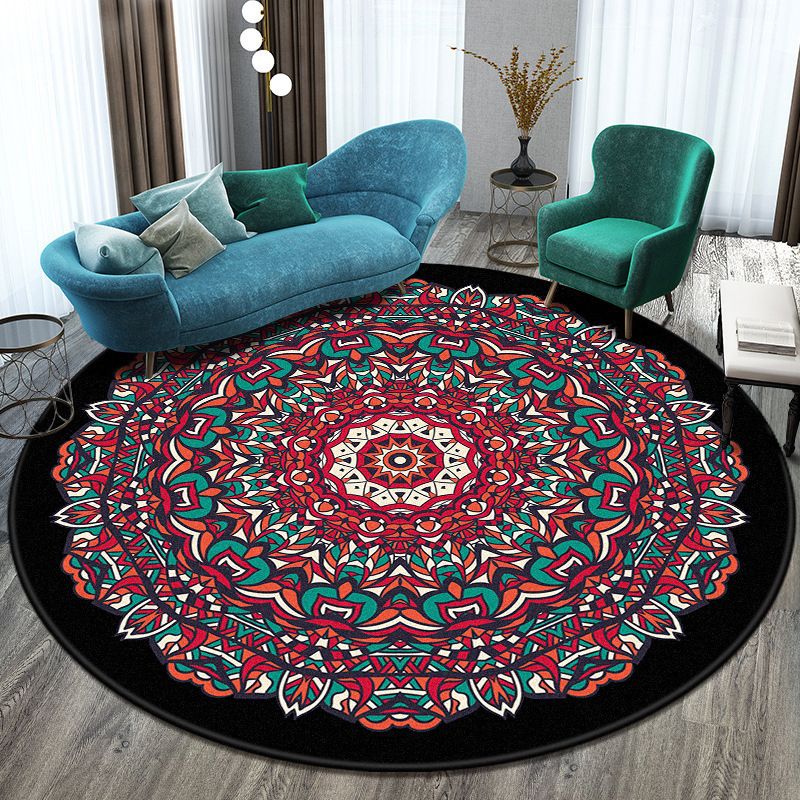 Round Tribal Symbols Carpet Polyester Moroccan Indoor Rug Non-Slip Backing Rug for Living Room