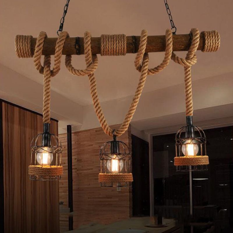 3 Bulbs Bird Cage Island Lighting Farmhouse Brown Iron Hanging Pendant with Rope and Wood Pole