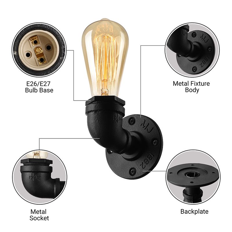 Bare Bulb Living Room Wall Sconce Lighting with Pipe Rustic Stylish Metal 1 Head Black/Bronze Wall Mount Light