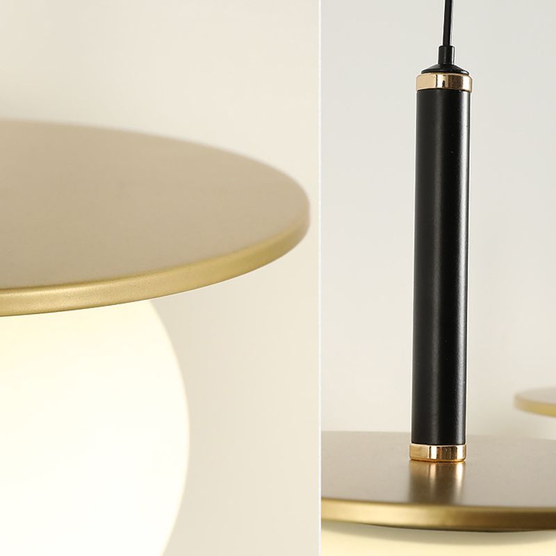 7" Wide White Glass Globe Mini Hanging Light with Round Metal Sheet Decoration Post-modern Style Simplicity Lighting Pendant in Gold