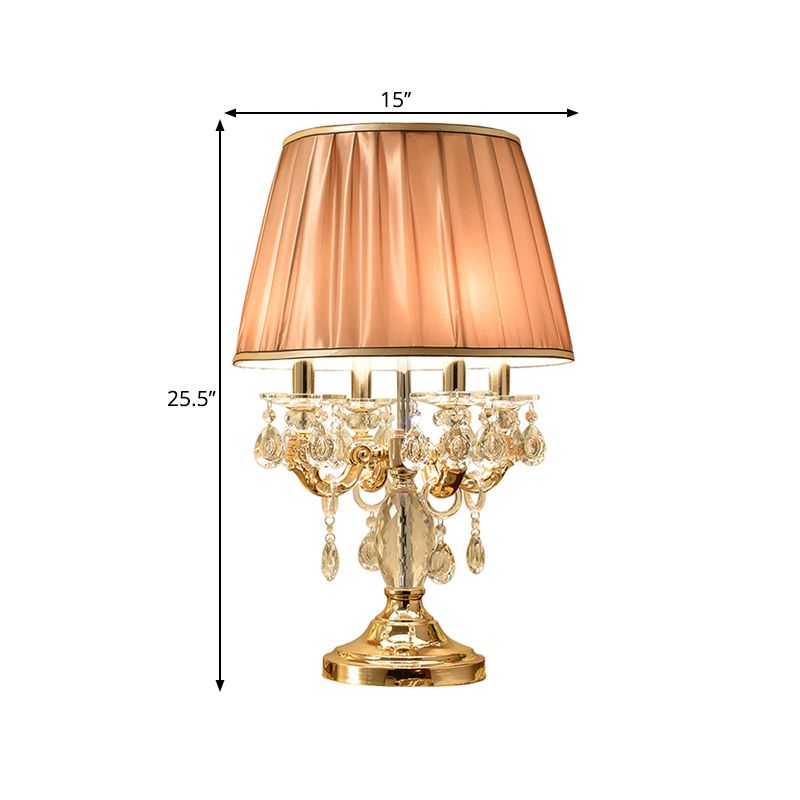 Metal Candelabra Shaded Table Light Traditional 4 Heads Sleeping Room Nightstand Lamp in Gold with Crystal Raindrops