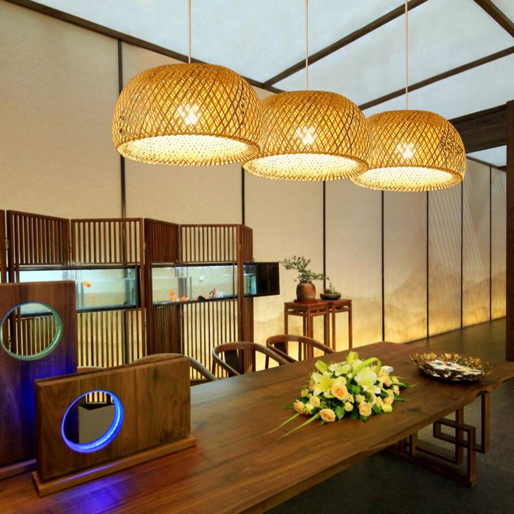 Asia Style Half-Circle Pendant Lighting Fixture Rattan Restaurant Pendant Light Kit in Beige