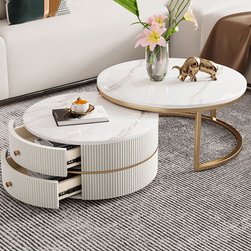 Round Coffee Table Slate Frame Nesting Coffee Table Set with Drawer