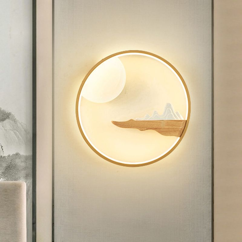 Mountain and Full Moon Wall Mural Light Asia Wooden Black/Beige LED Sconce Lighting for Hotel