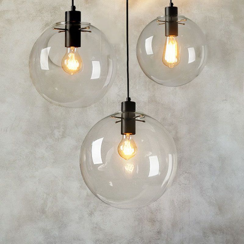 Clear Glass Globe Hanging Light Minimalistic 1-Light Black Pendant Lighting for Restaurant