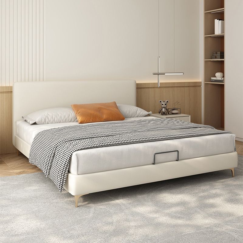 Wood and Upholstered Standard Bed with Headboard Panel Bed in Beige